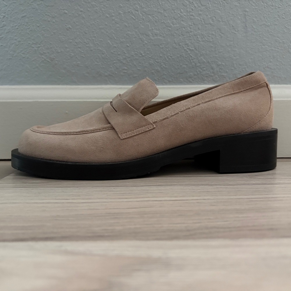 Stuart Weitzman Palmer Beige Suede Penny Loafers Lug Sole Shoes Womens - Picture 9 of 16